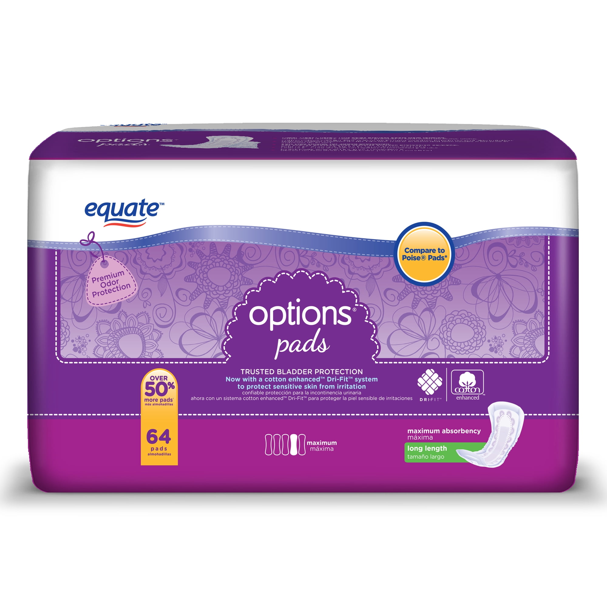Equate Options Incontinence Pads for Women, Maximum, Long, 64 Ct