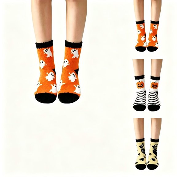 SAZBJOJN Socks for Women Men Halloween Cartoon Coral Fleece Mid Calf Socks Thick Warm Fuzzy Plush Slipper Socks for Indoor Sleep Halloween Party Home Wear One Size Yellow