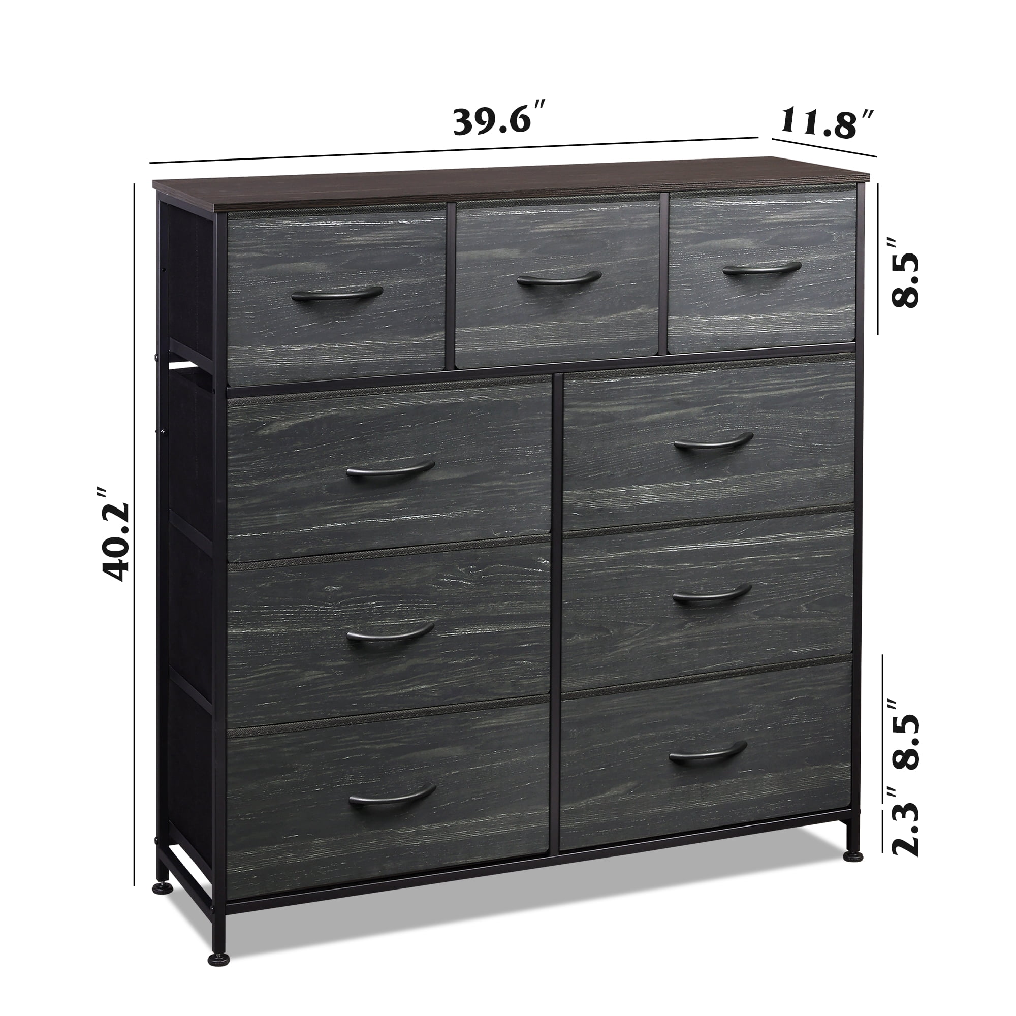 GALAXHERO 9-Drawer Fabric Dresser, Tall Storage Tower for Bedroom, Entryway, Closet, Chest Organizer Unit with Fabric Bins, Steel Frame, Wood Top, Easy Pull Handle, Charcoal Black Wood Grain Print