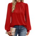thumbnail image 3 of Camisas de Larga para Mujer, Blusas de Cuello Alto con Pliegues Delanteros, Ropa Informal Elegante para Otoño. Rojo M, 3 of 5