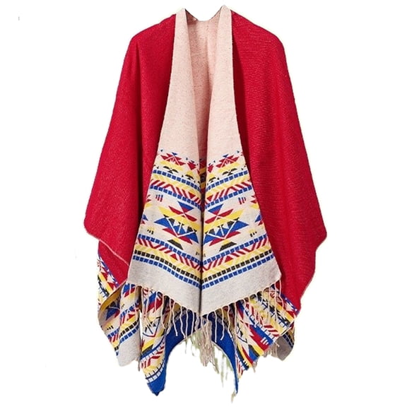 Women's Plus Size Poncho Open Front Retro Knitted for Winter (Red)