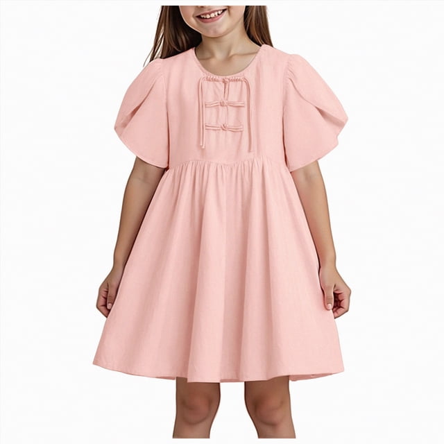 gdxvjhbj Robes pour Enfant Robe Fille Smockée Froncée Ligne A Évasée Robe à Étages à Bretelles à Nouer Fluide Courte Taille 12-13 (Rose,12-13 Ans)
