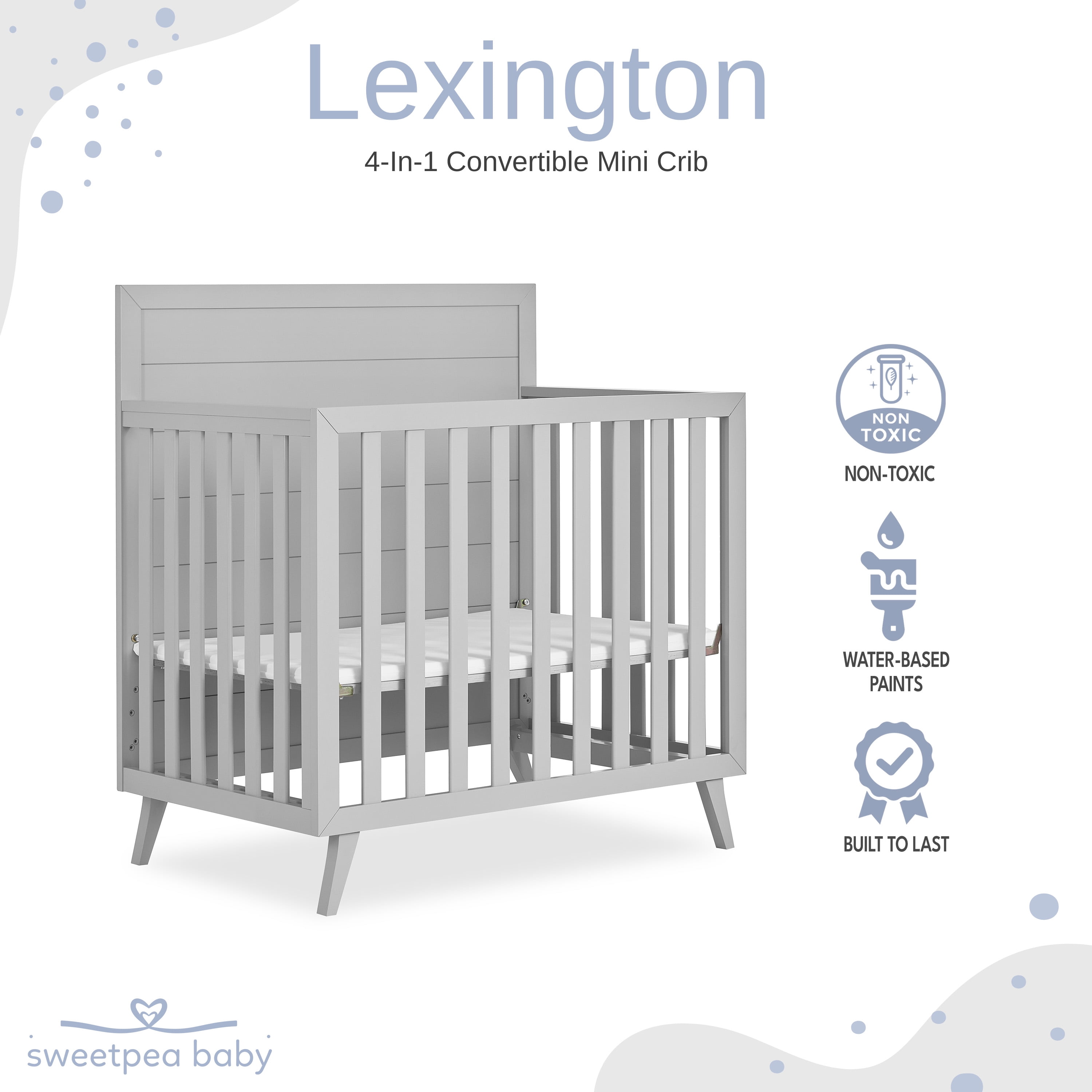 Dream On Me Lexington 4 in 1 Convertible Mini Crib, Sustainable New Zealand Pinewood, Pebble Grey