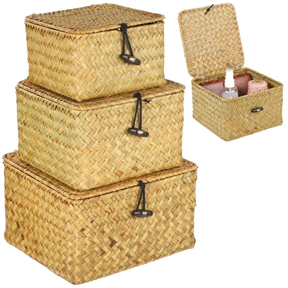 3 PCS Handwoven Seagrass Storage Baskets with Lid, Rectangular Household Organizer Bins, Multipurpose Storage Box for Home Organization, Stylish Gift Basket