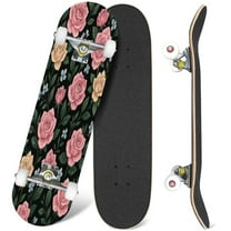 31'' Complete Skateboard 7 Layer Canadian Maple Double Kick Deck Skateboards floral pink roses black watercolor Skate Board for Beginner Adult Gifts