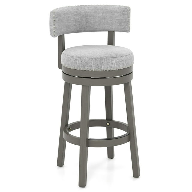 Gymax Upholstered Swivel Bar Stool Wooden Bar Height Kitchen Chair w/ Back Grey