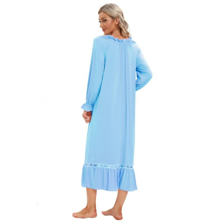Victorian Nightgowns for Women Long Sleeve Vintage Sleepwear Soft Night Gown Ruffle Off Shoulder Boat Neck Vintage Loungewear Blue S 2XL
