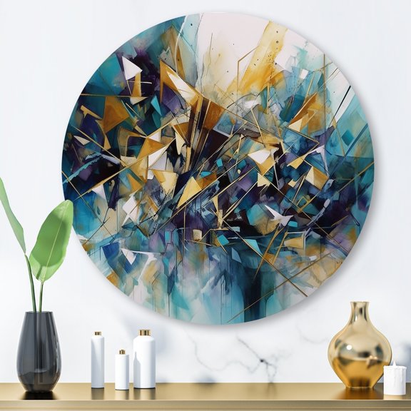 Designart "Explosive Gold Triangular Elegance III" Modern Geometric Metal Round Art Print