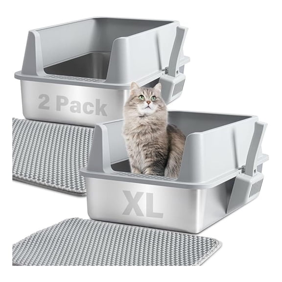 Stainless Steel Litter Box with Lid, 2 Pack Metal Litter Box XL, Extra Large Cat Litter Boxes for Big/Multiple Cats, Anti-Urine Leakage,No Smell, Non-Stick, Includes Scooper and Mat