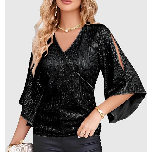 Blusa de cóctel con lentejuelas y escote en V y manga 3/4 para mujer