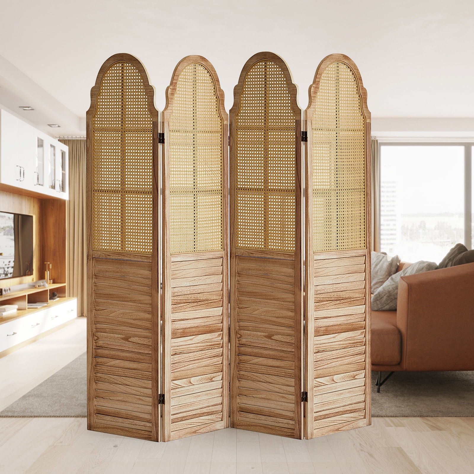 Aletheiawu 4 Panel Rattan Room Divider, Foldable Privacy Screen, No Installation, Light Brown