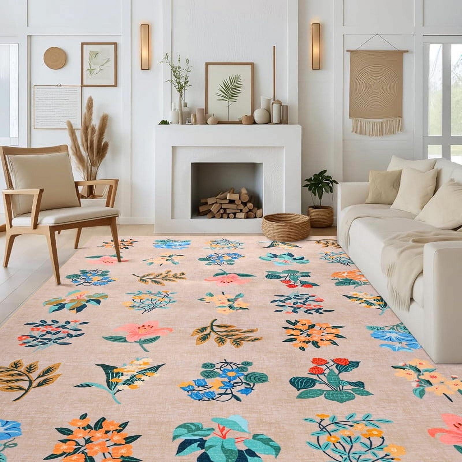Jamfeel Rugs for Living Room Classic Boho Floral Print Floor Carpets Soft Low Pile Non-slip Washable Area Rug 6'x9' Beige