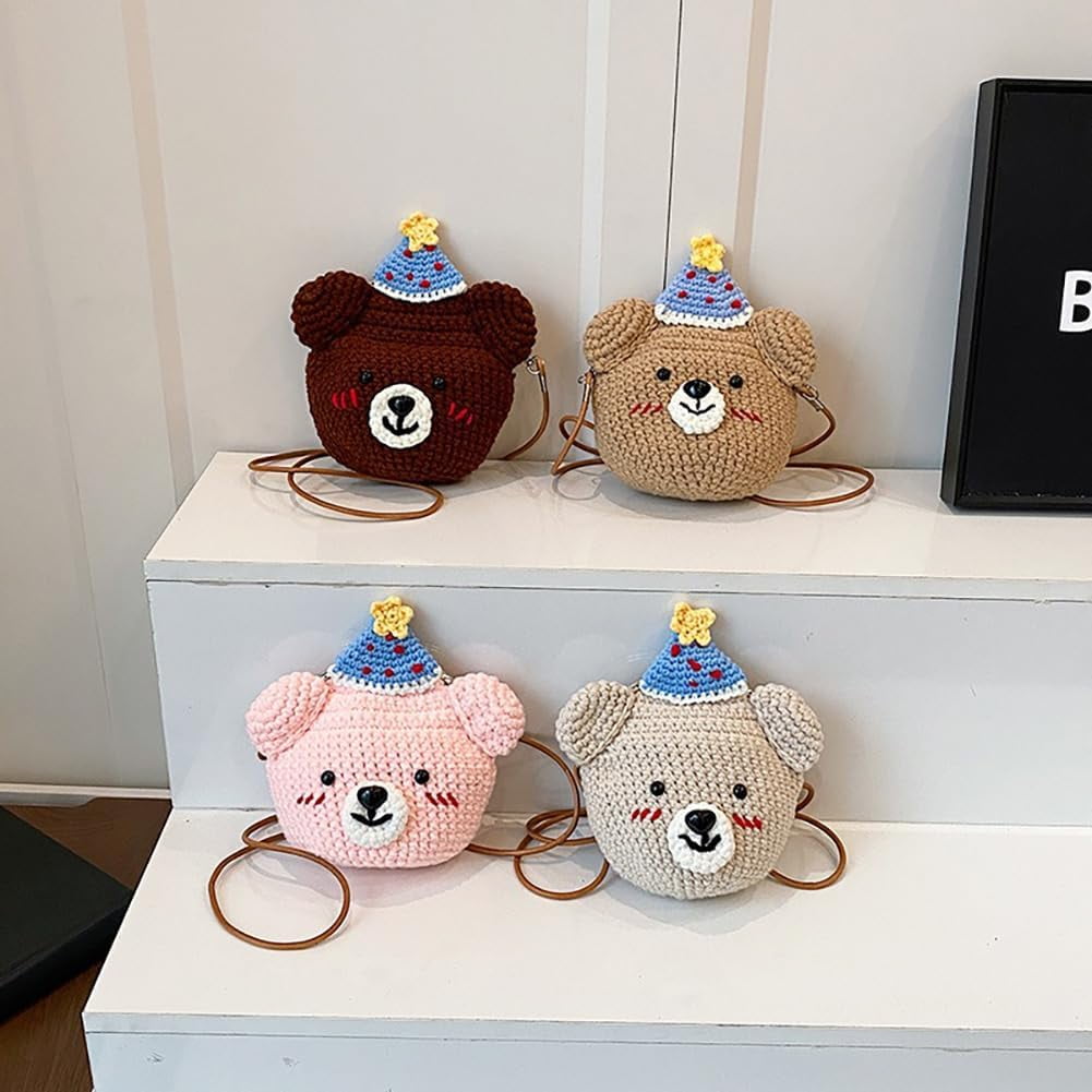 Baguery Handmade Crochet Party Hat Bear Crossbody Bag - Cute Knitted Animal Purse with Metal Frame, Mini Shoulder Bag for Women