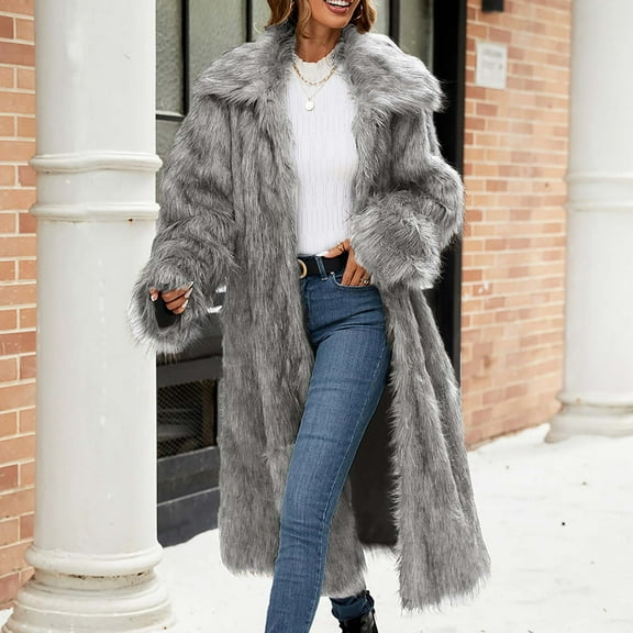 Zyloft Winter Clothes for Womens Clearance Plus Size Womens Ladies Warm Faux Furry Long Coat Jacket Winter Solid Turn-Down Collar Outerwear Gray XXL Black*Friday/Cyber*Monday Clearance