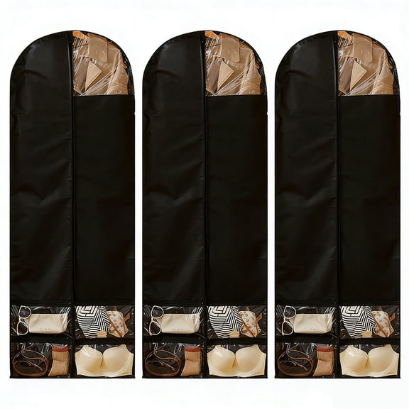 Dress Bags for Gowns 3 pack, 50'' Heavy Duty Garment Hanging Bag for Closet Organization and Travel, with Accessory Pockets and Clear Window, Black
