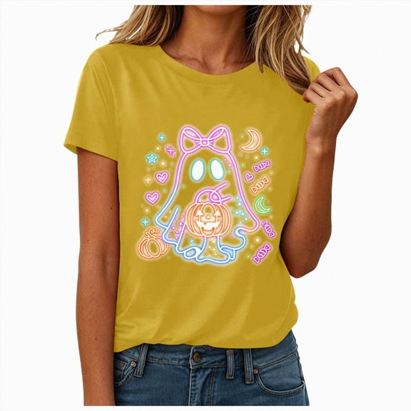 mgoYE Halloween Shirt Womens Pumpkins Graphic Crew Neck Short Sleeve T-Shirts Tops Women Shirts(Yellow,XL)