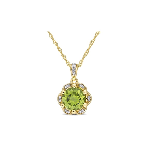 1.52 Carat (Ctw) Peridot Flower Pendant Necklace in 14K Yellow Gold with Accent Diamonds and Chain