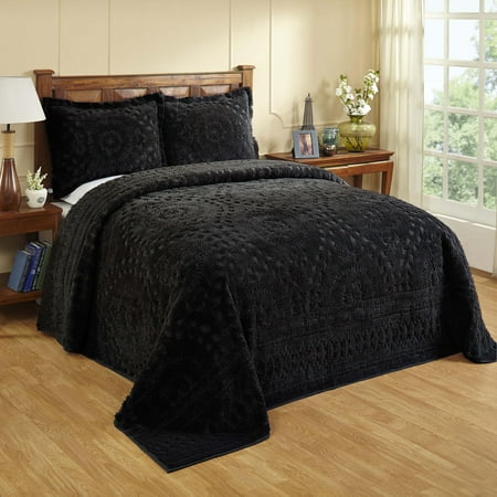 Better Trends 3 Piece King Bedspread Set 100% Cotton Chenille Tufted Medallion Pattern Soft & Luxurious Feel, Perfect for Gifting and All Seasons, Machine Washable (Black) Rio Collection
