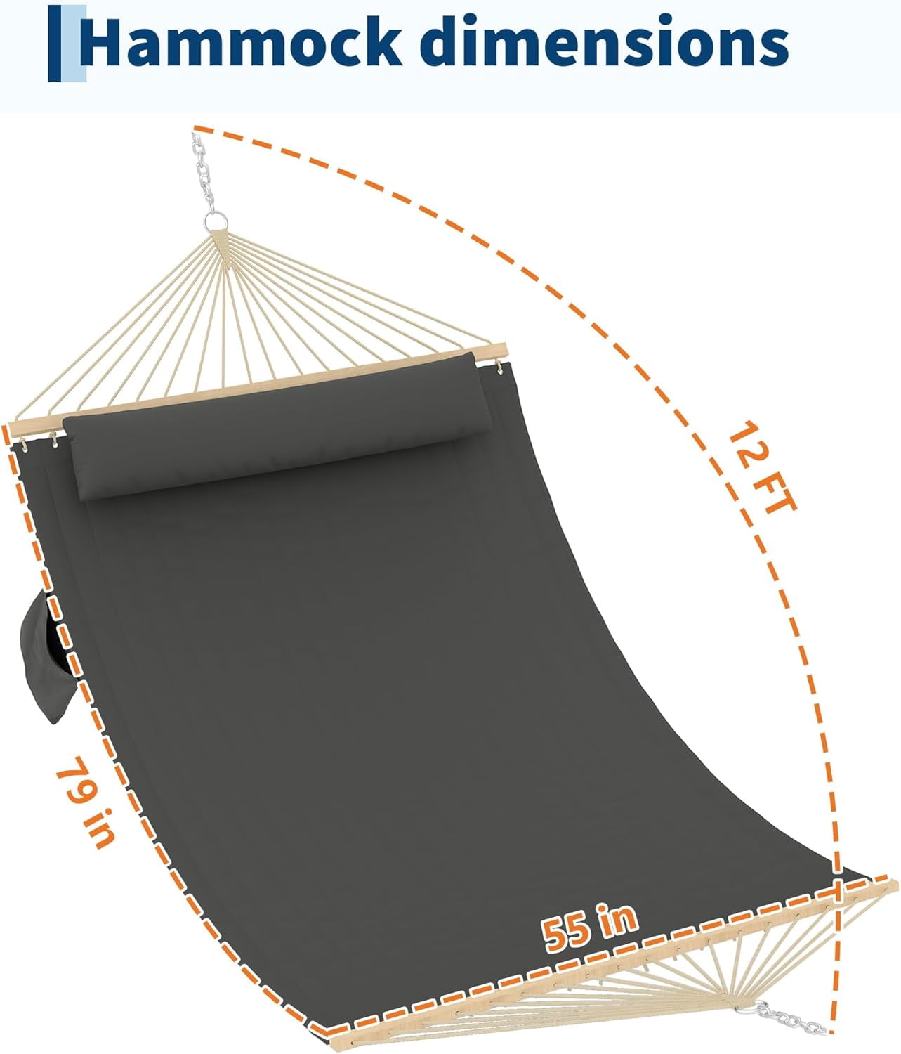 IdealHouse Comfortable 2 Person Quilted Hammock with Hardwood Spreader Bars & Pillow – 450lbs Capacity – Ideal for Patio, Backyard, or Poolside – Double Outdoor Hammock – Dark Gray