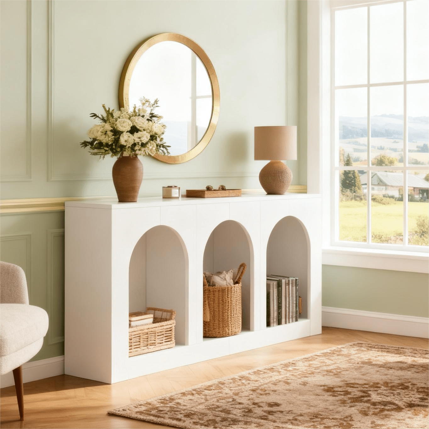 Fnova 70.9" Farmhouse Console Table, Narrow Long Sofa Table with 3 Arched Storage Shelves, Wood Entryway Table for Foyer, Hallway, Living Room, Behind Couch