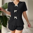 thumbnail image 4 of Naotn 2 Piece Sets for Women Summer Matching Short Set, Casual Lapel Short Sleeve Ribbed Bow Front Shirt Ruffle Shorts, 4 of 5