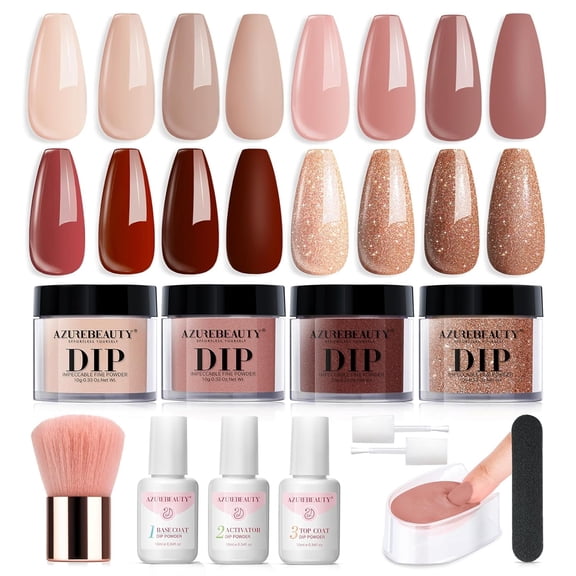 AzureBeauty Dip Powder Nail Kit Starter, 4 Colors Skin Nude Brown Glitter, Dipping Powder Liquid Set with Base/Top Coat Activator for Daily French Nail Art Manicure DIY Gift 12 Pcs