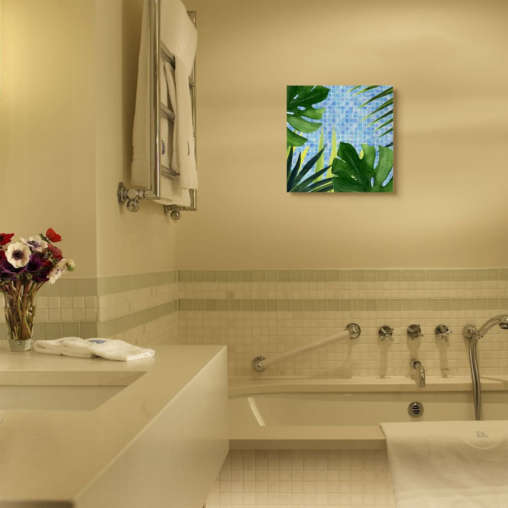 Tropical Poolside Greenery with Aqua Blue Tiles Botanical & Floral Gallery-Wrapped Canvas Print Wall Art, 17x17