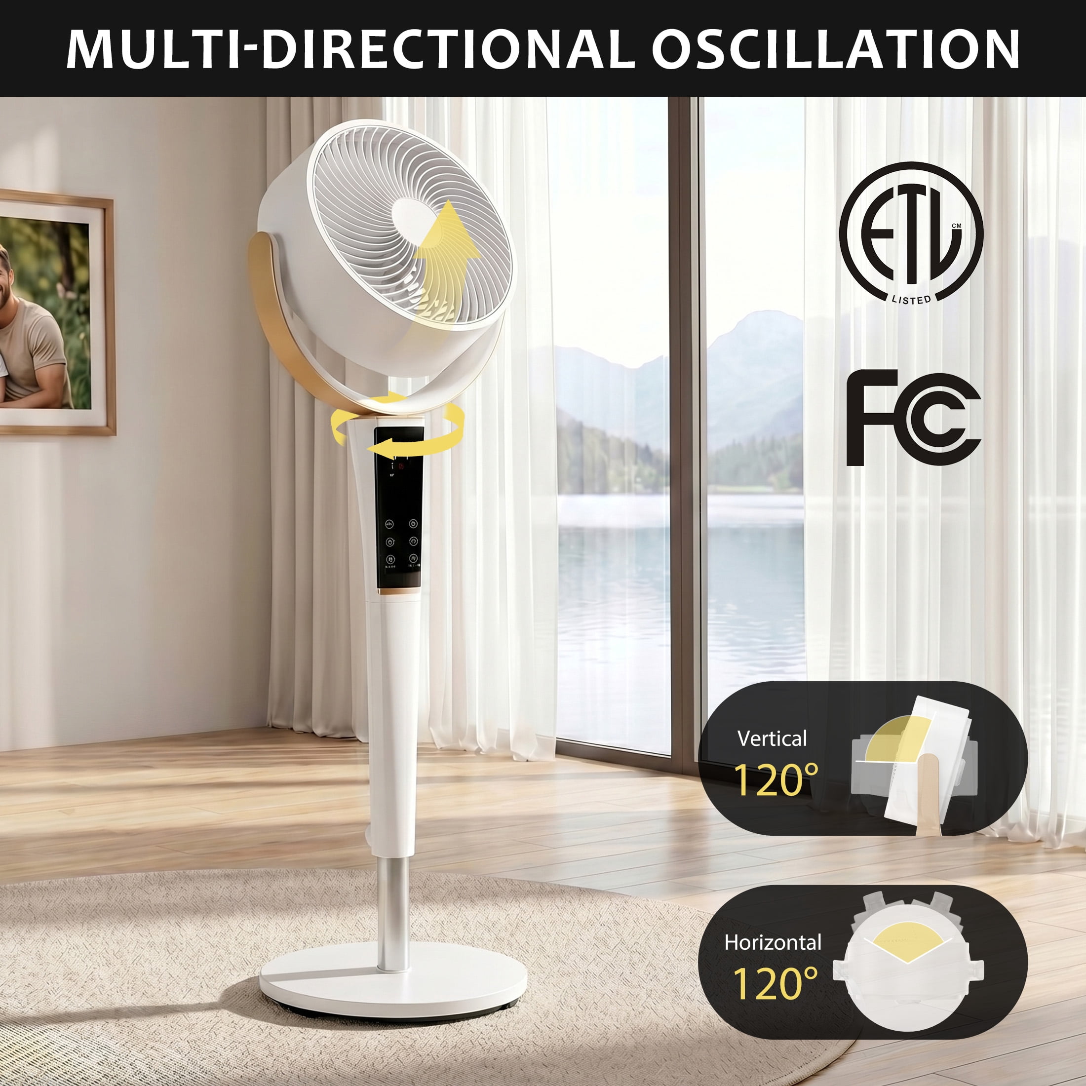 EDX Bedroom Pedestal Fan, Quiet 20dB DC Air Circulator, 15 Speeds 5 Modes, 120° Oscillation, 12H Timer, 1050CFM Airflow, 37-45" Adjustable Height, LED Light, Standing Fan with Remote, White