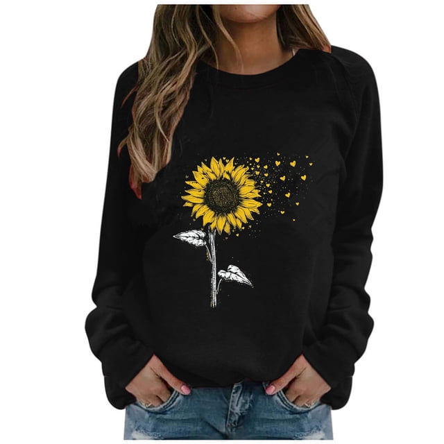 HKEJIAOI Chandail Graphique Tournesol Femme Manches Longues T-Shirt Décontracté Col Rond chandail Ample, c-Noir TG