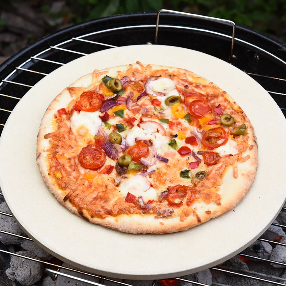 faced Built in 4 Handles Design Pizza Stone 12.6 Round Baking & Grilling Stone BBQ and Grill Perfect for Oven Innovative Double 