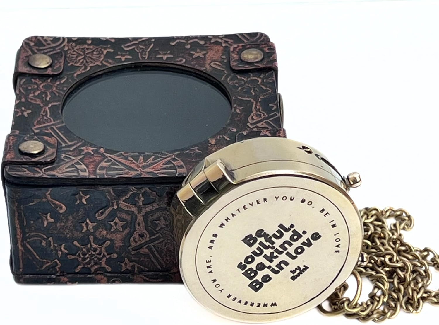 Vintage Directional Shiny Brass Magnetic Flat Compass with Leather Case Motivational Quote Engraved Pocket Compass for Hiking Rustic Vintage Home Decor Gifts