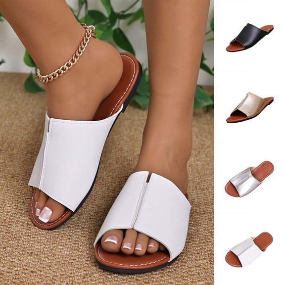 Bxsruta Women's Casual Open-Toe Flat Slippers with Synthetic Leather Soft Sole for Indoor and Outdoor Versatile Wear, Flexible Design True to Size