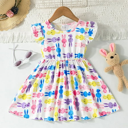 

Aayomet Flower Girl Dress Toddler Girls Fly Sleeve Dresses Kids Cartoon Rabbit Prints Princess Dress Clothes White 3-4 Years