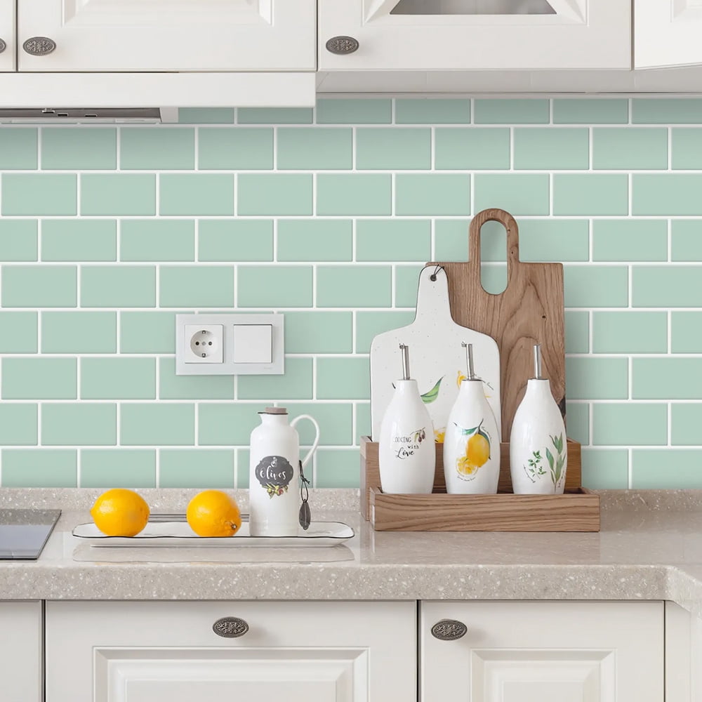 clevermosaics Green Subway Vinyl Wall Tiles Peel and Stick Backsplash, Removable and Heat Resistant, Pack of 10