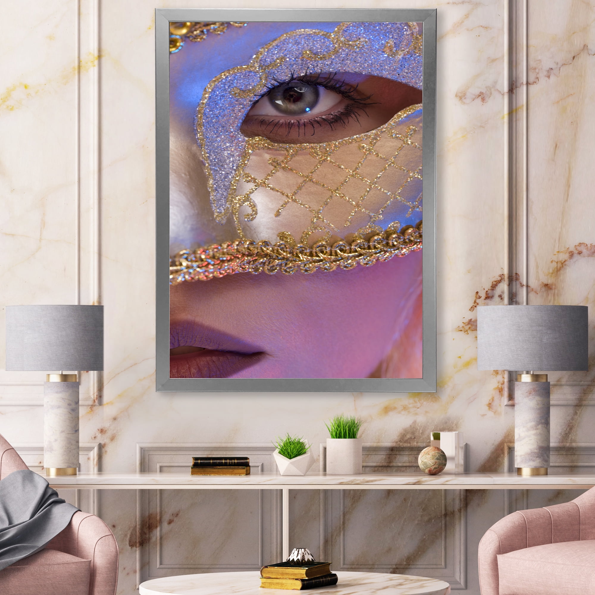 Designart 'Venetian Mask On Female Face' Modern Framed Art Print