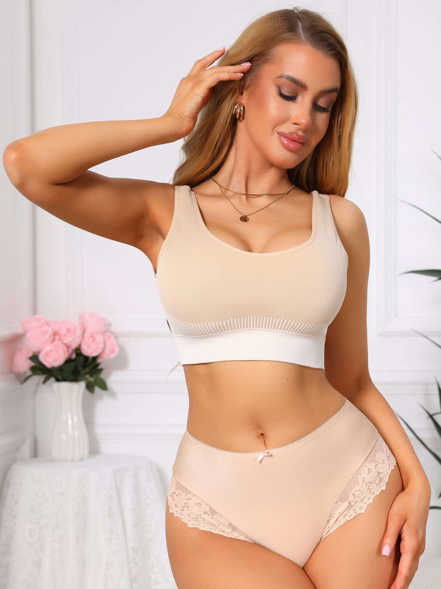 DARING DIVA Women's U-Neck Breathable Wide Strap Padded Sports Bra 2XL Beige