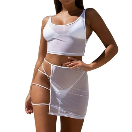 Transparent Mesh Two Piece Sets Casual Beach Outfits Women Sexy Hollow Out Bodycon Mini Skirt + Crop Tops