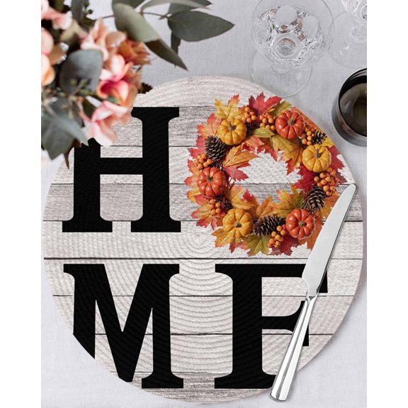 15 Inch Round Placemats Set of 6, Thanksgiving Non Slip Heat Insulation PP Table Mats, Fall Pumpkin Vintage Grey Wood Grain Washable Place Mats for Kitchen Dining Party Table Decor