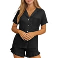 thumbnail image 3 of Xdegoge Womens Pajama Sets 2 Piece Button Up Short Sleeve Pajamas Notched Collar with Pocket Open Front Top and Shorts Cute 4 Way Stretch Bow Print Lounge Sleepwear, 3 of 8