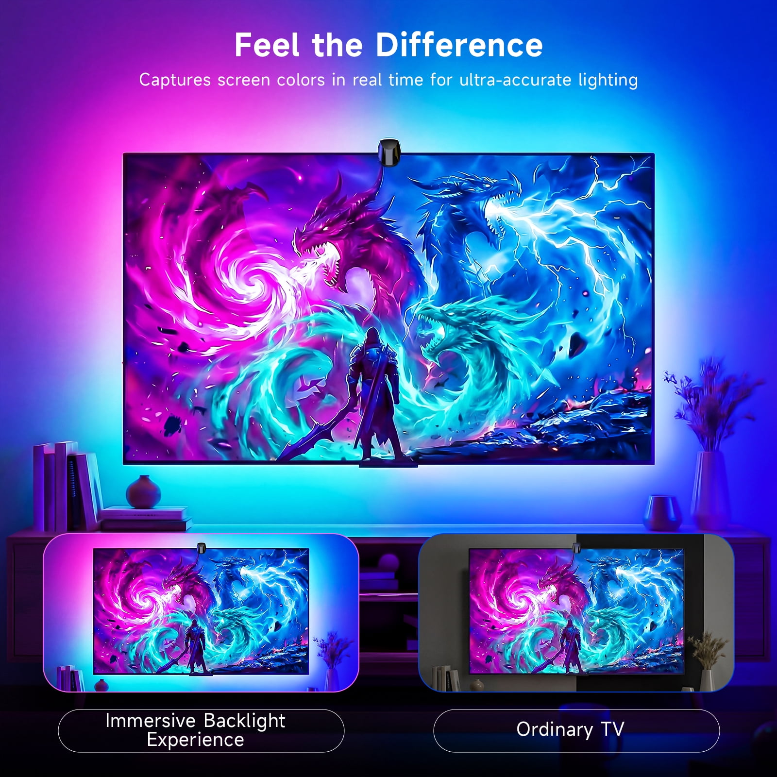AYEDLOE TV LED Backlight with Screen Sync 3-way Sensor, 14.76Ft Cuttable RGB SLED Strip for 55-65 inch, App Control, Color Changing Lights that Sync with TV for Gaming, Music, Movies, Gifts