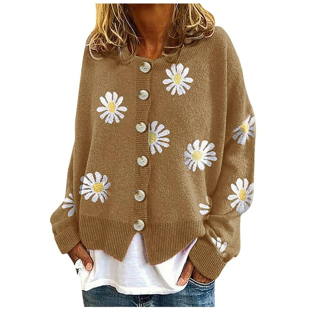 Kcodviy Cardigan Manteau pour Femmes, Kimono à Imprimé Animalier Marguerites, Manches Longues, Col Rond, Grande Taille pour Femmes, Chandail Court