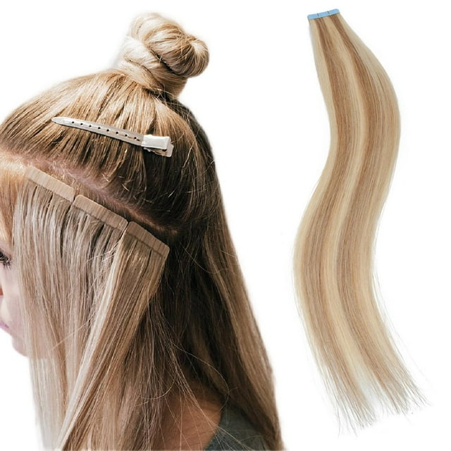 Tape in Human Hair Extensions Highlight Balayage Long Straight in Hairpieces