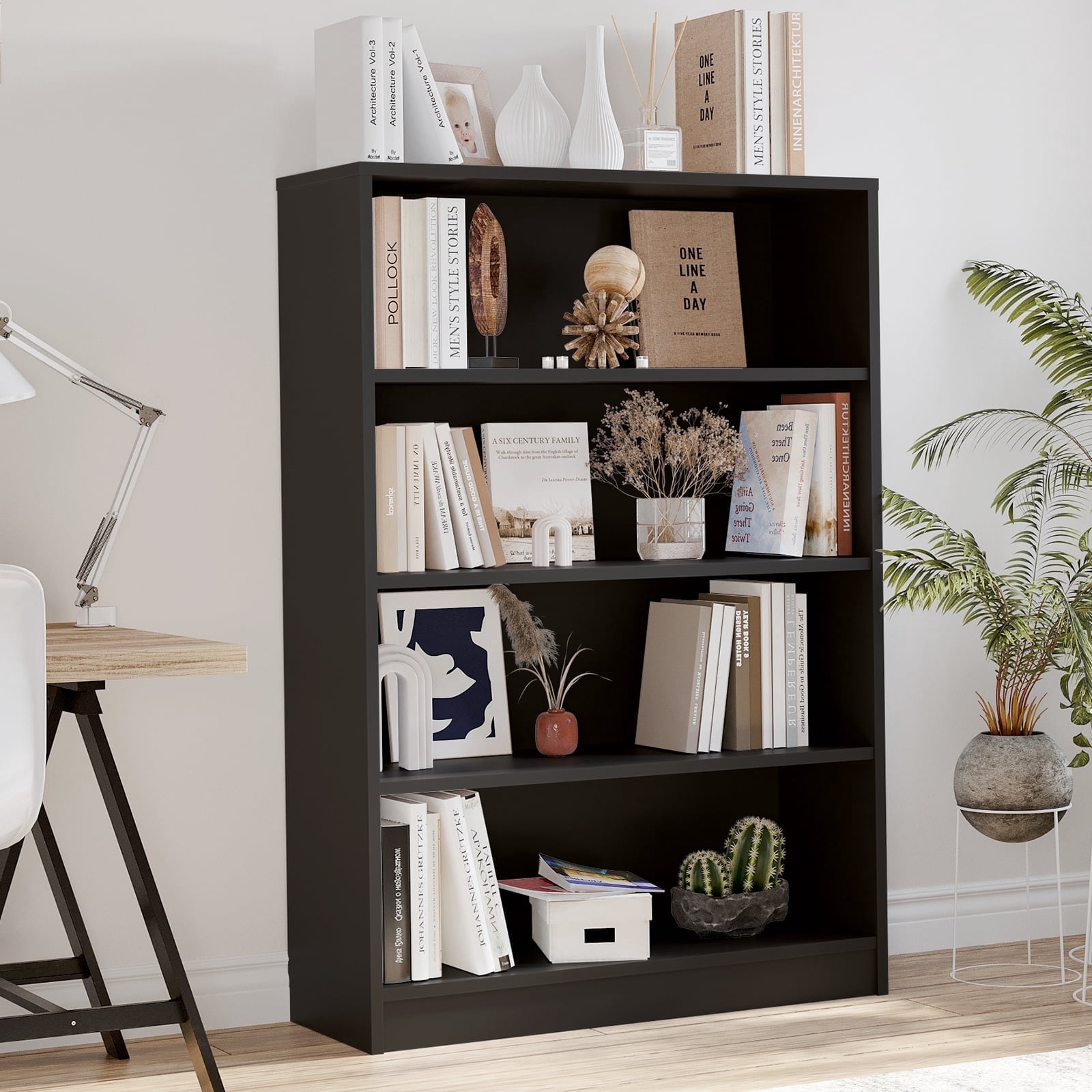 Farini 4 Tiers Bookcase, Wooden Bookcase with Adjustable Shelves for Home, Office, Black