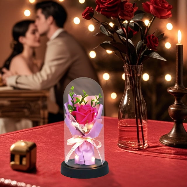 Regalo de San Valentín, ramo de flores secas, rosas con tapa de cristal, flores de jabón, regalo de cumpleaños luminoso, arreglo práctico, ramo de rosas con tapa de cristal y flores de jabón.