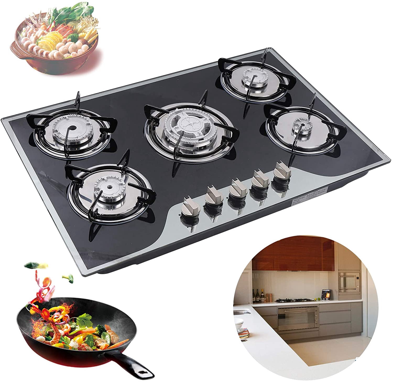 Fetcoi, 30.3"Gas Stove 5 Burners Built-in Gas Cooktop Aluminum Stove Head Automatic Pulse Ignition