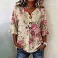 thumbnail image 2 of MuXiKeJi Clothes 3/4 Length Sleeve Womens Tops Cotton Linen Boho Blouses Floral V Neck Shirts Summer Beach Casual Top, 2 of 5