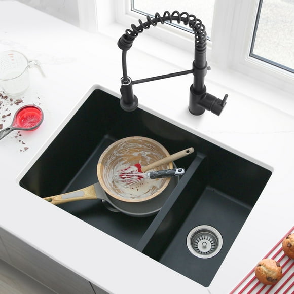 Stylish Dual Mount 27" Black Composite Granite Double Bowl Kitchen Sink with 2 accs S-827N