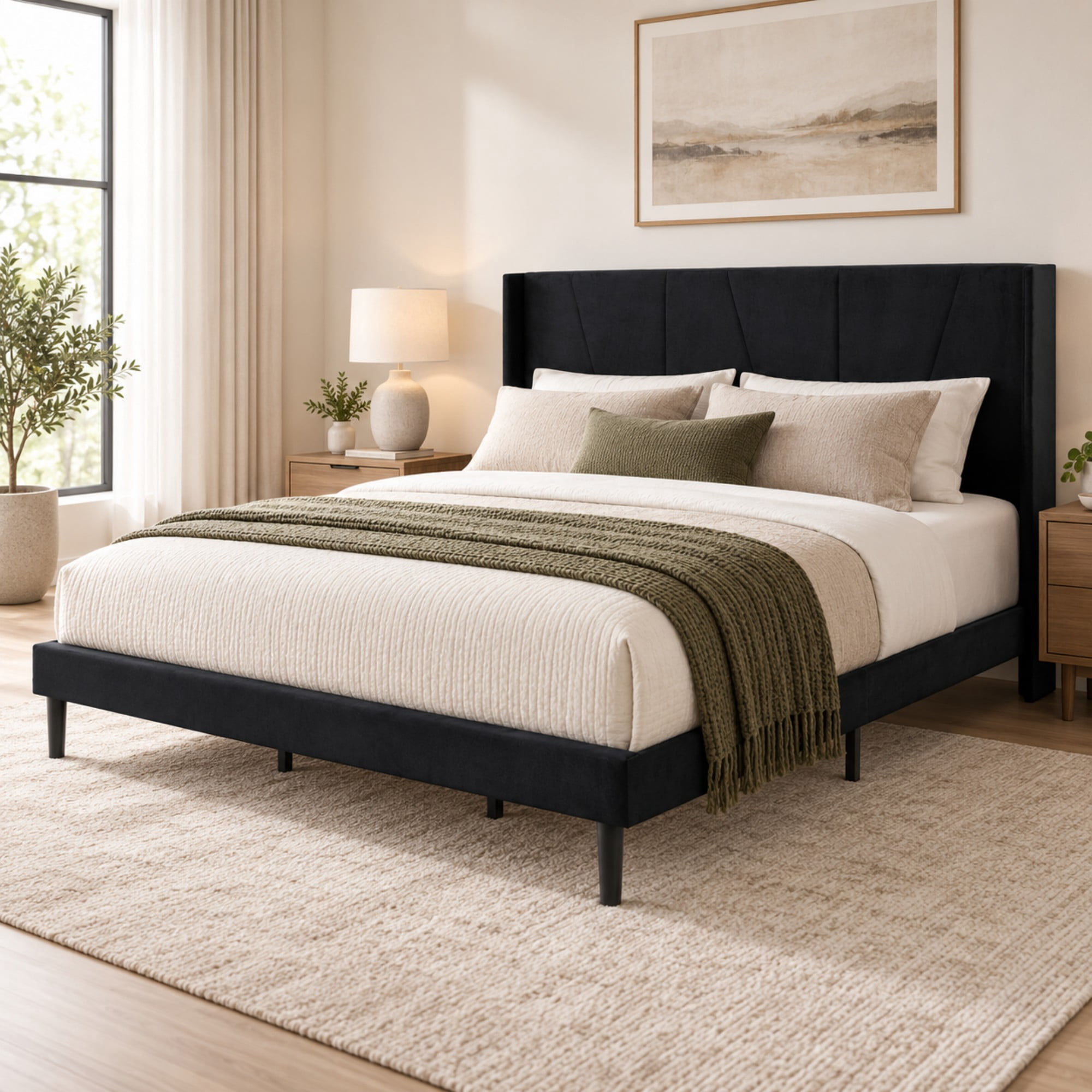 BSHTI Full Size Velvet Platform Bed Frame with Adjustable Upholstered Headboard, Wood Slats, No Box Spring Needed for Bedroom（Black）