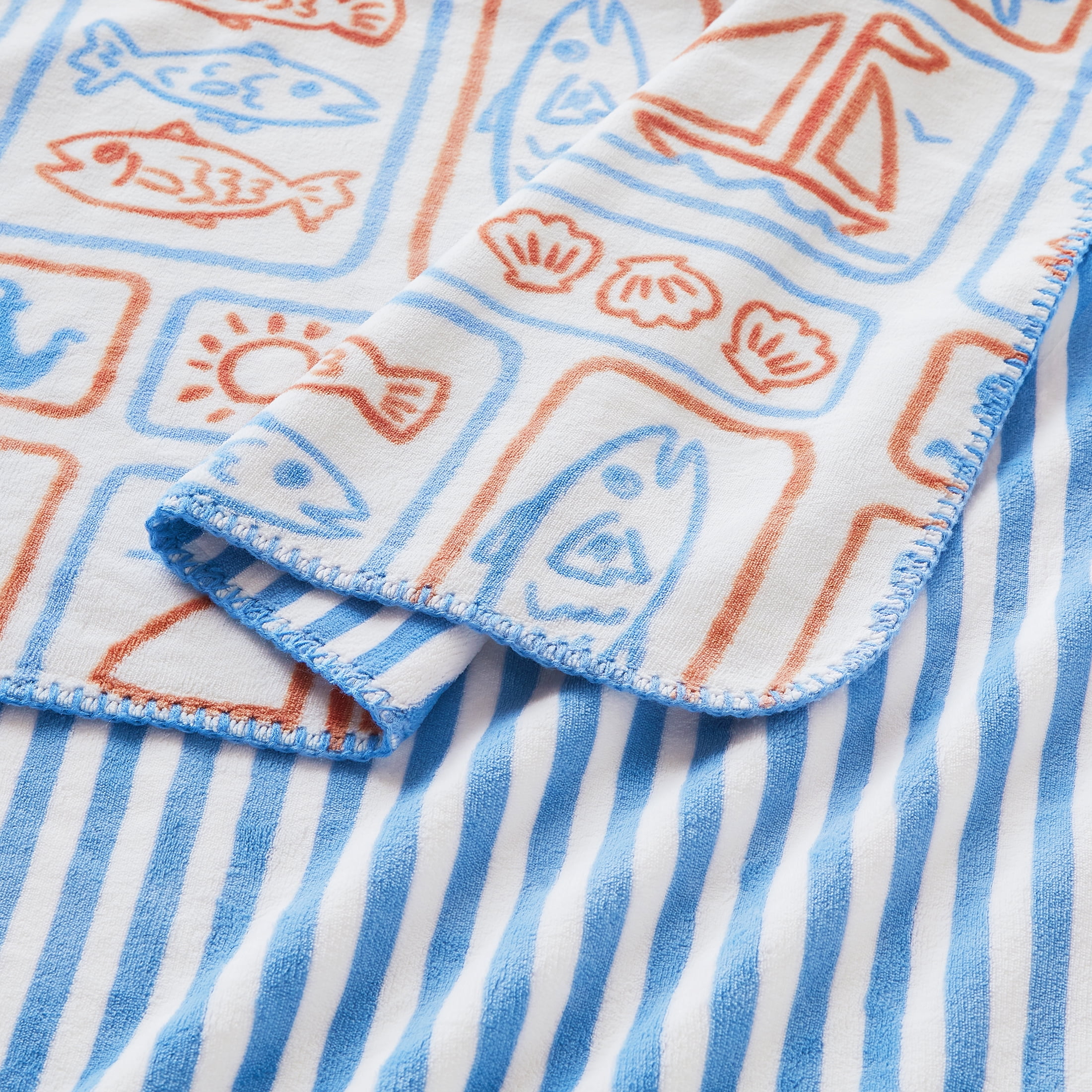 Coastal Living Throw Blanket, Reversible Plush Fleece Blanket for Couch, Blue & Orange Print, 50" x 72"