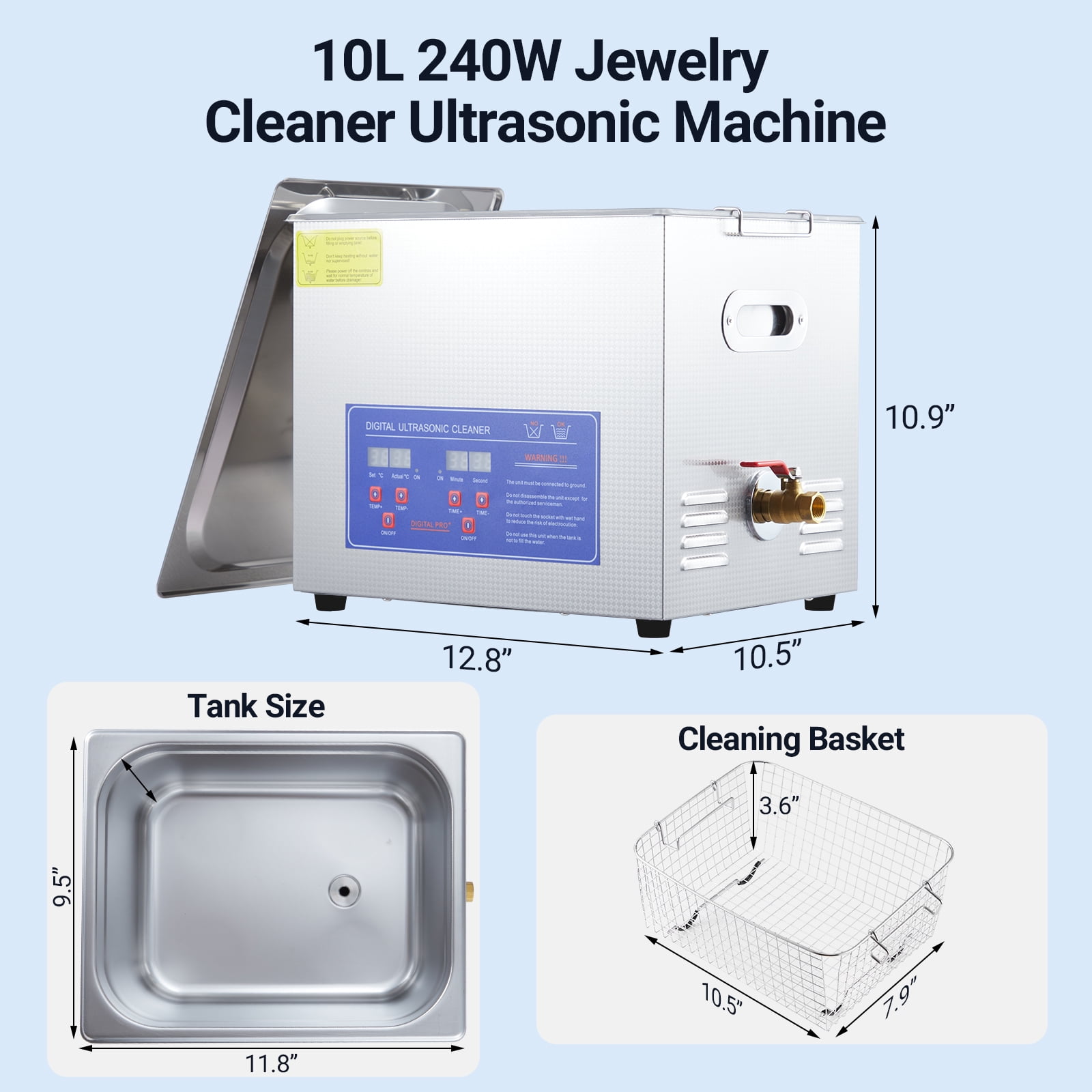 Garvee 10L Professional Ultrasonic Cleaner. Commercial Grade 2.6 Gallon Parts Cleaner with Digital Timer & Heater. 40kHz with Digital Timer & Heater for Jewelry. Watches. Eyeglasses. Metal Parts
